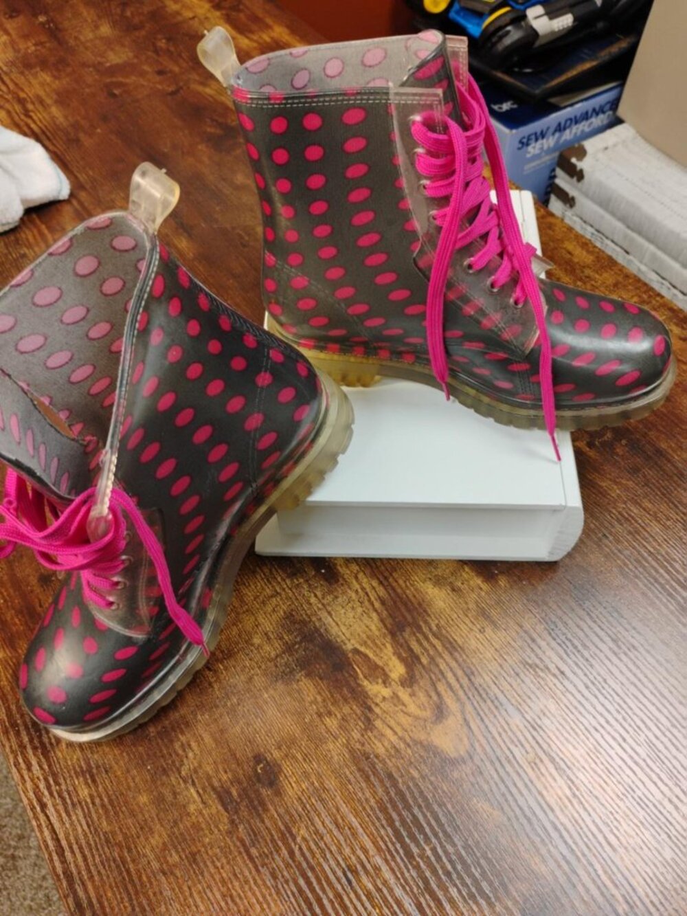 Bongo Pink Polka Dot Clear Combat Rain Boots Lace Up Size 9 - Picture 3 of 4